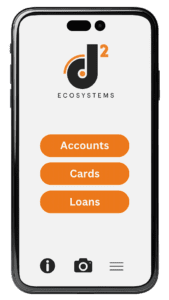 A mobile phone showing three options for digital customer onboarding applications: Accounts, Cards, or Loans