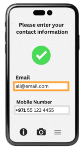 A mobile phone showing placeholders to enter email address and mobile number.